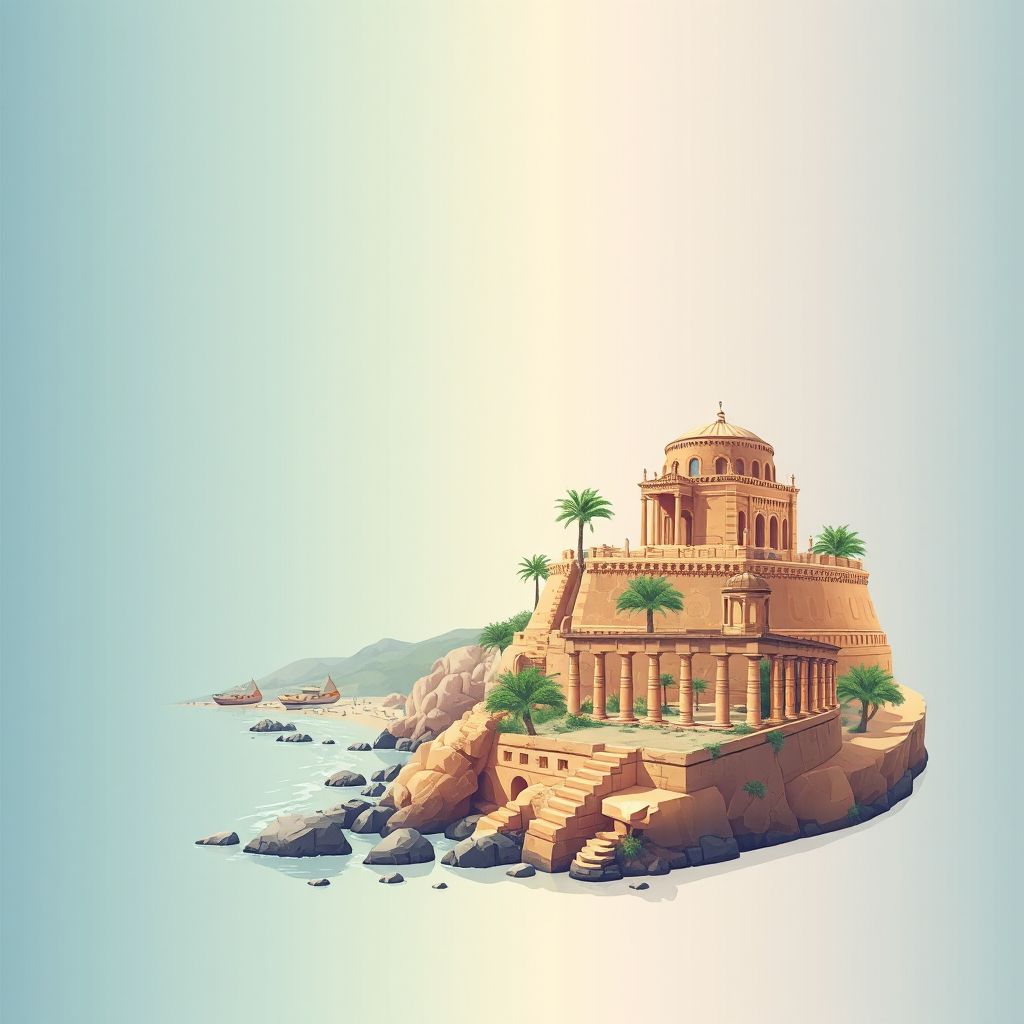 Ultra-high-definition gradient illustration style Sidi Mezghiche illustration, showing the unique charm of the Sidi Mezghiche Beach and the historic ruins of the Roman city of Rusicade.