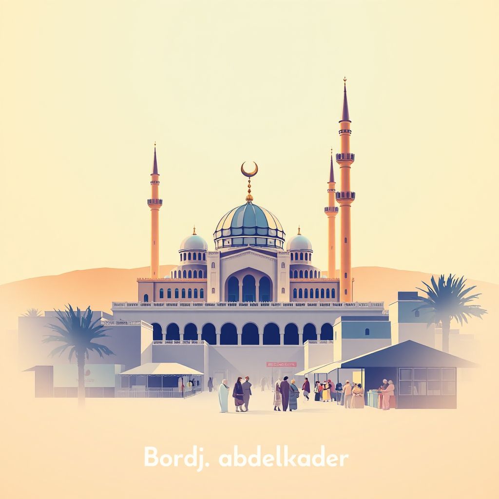 Ultra-high-definition gradient illustration style Bordj Emir Abdelkader illustration, showing the unique charm of the Great Mosque of Bordj Emir Abdelkader, and the local traditional market.