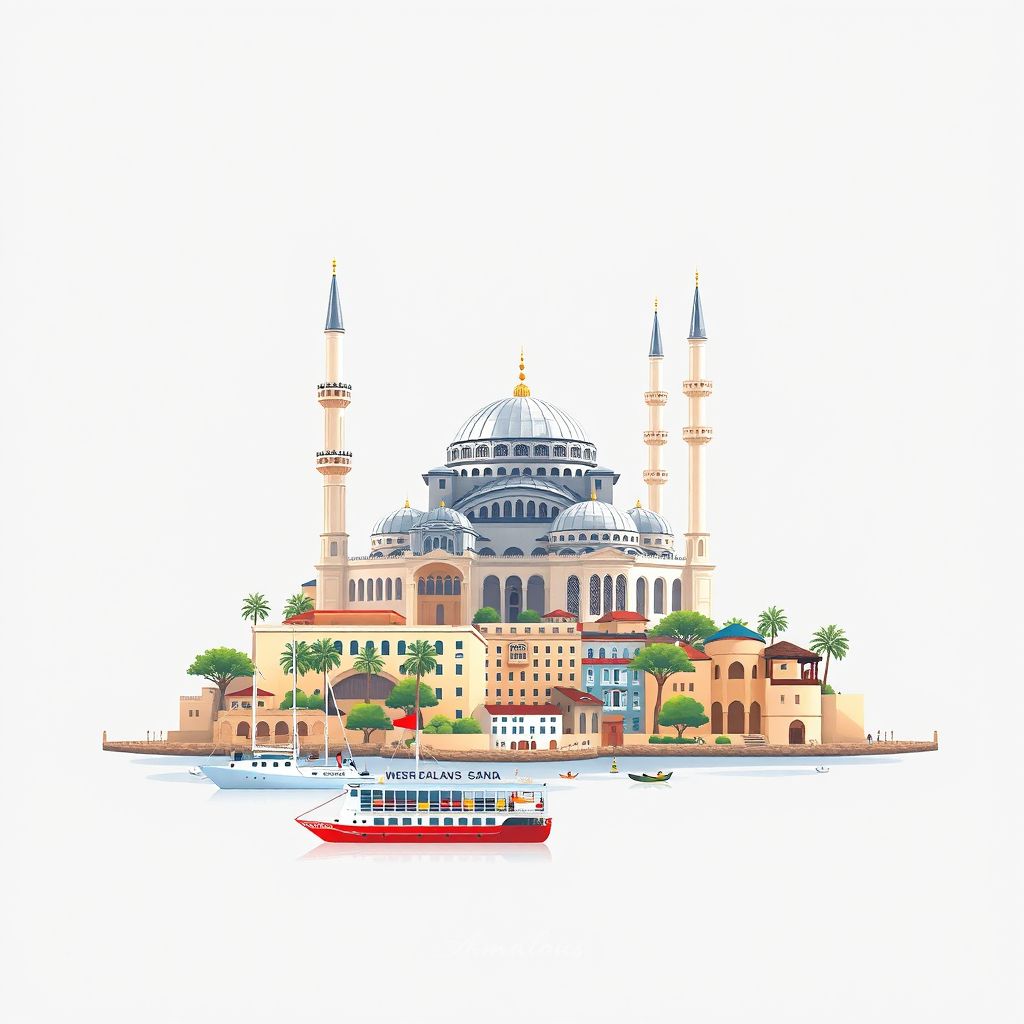 Ultra-high-definition gradient illustration style Tamalous illustration, showing the unique charm of the Skikda Port and the Great Mosque of Skikda.