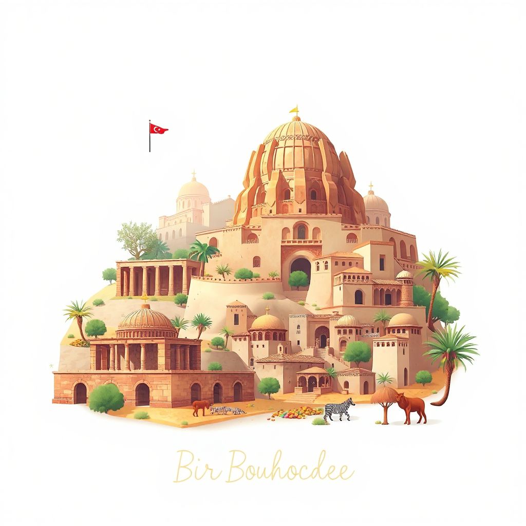 Ultra-high-definition gradient illustration style Bir Bouhouche illustration, showing the unique charm of the Roman Ruins of Djemila, the ancient city of Timgad.