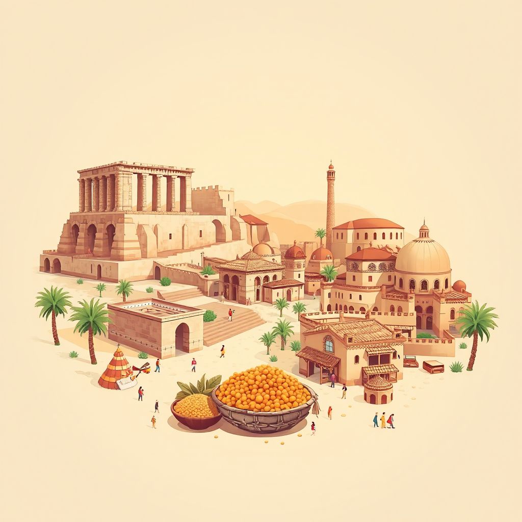 Ultra-high-definition gradient illustration style Haddada illustration, showing the unique charm of the Roman Ruins of Tiddis, the historic city center, and couscous.