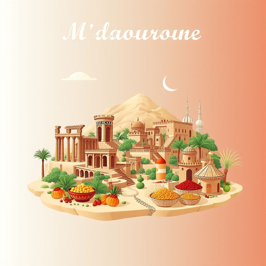 Ultra-high-definition gradient illustration style M'daourouche illustration, showing the unique charm of the Roman Ruins of Tiddis, the ancient city of Timgad, and traditional Algerian cuisine like couscous.