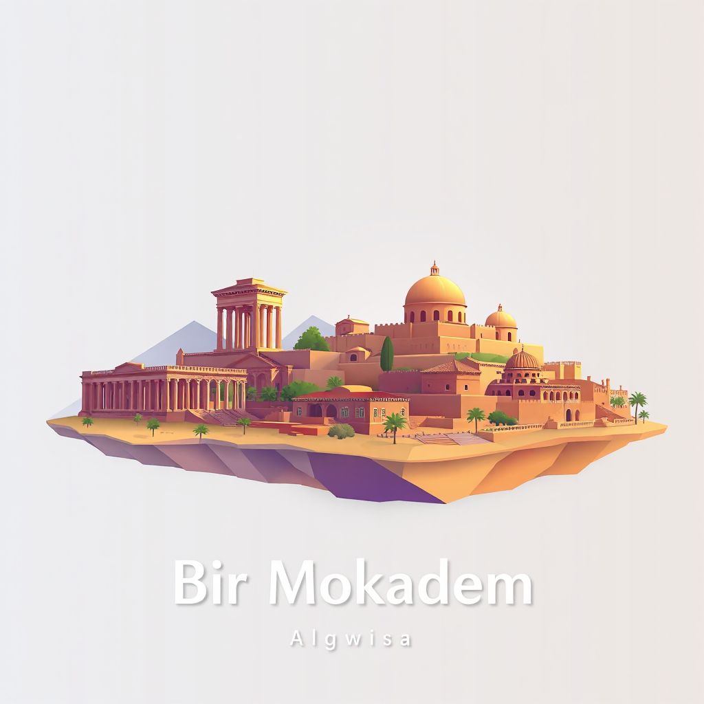 Ultra-high-definition gradient illustration style Bir Mokadem illustration, showing the unique charm of the Roman Ruins of Tiddis, the ancient city of Tebessa.
