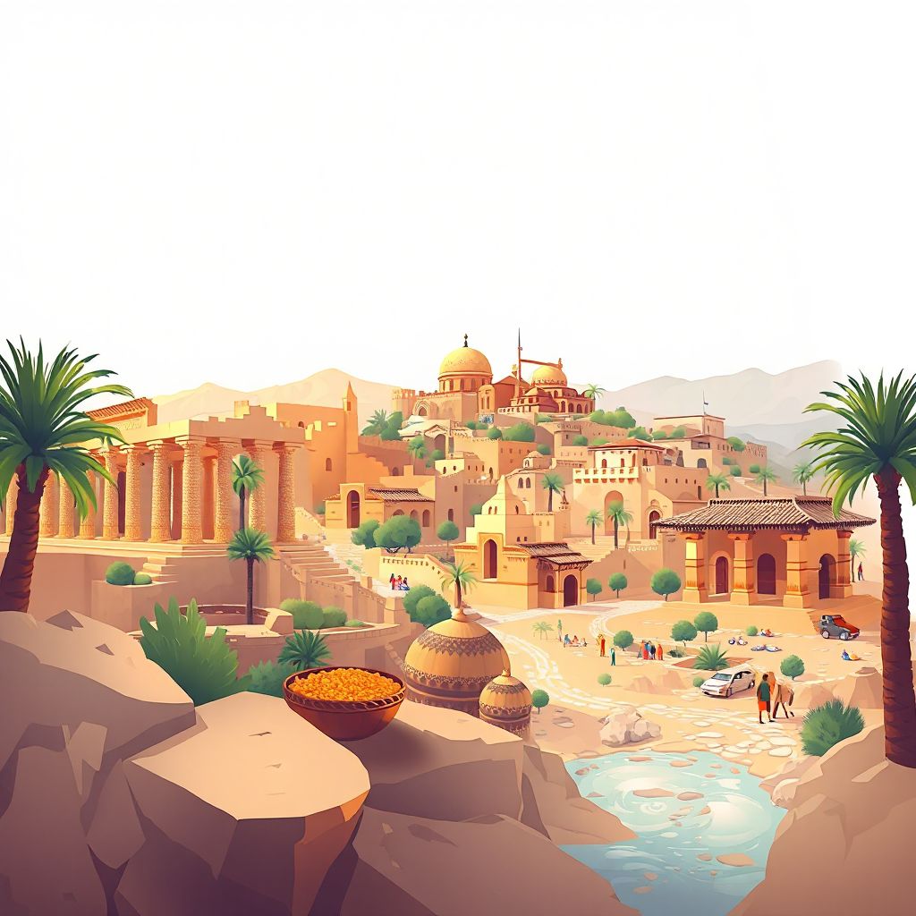 Ultra-high-definition gradient illustration style Ouled Driss illustration, showing the unique charm of the Roman ruins of Djemila, the ancient city of Timgad, and couscous.