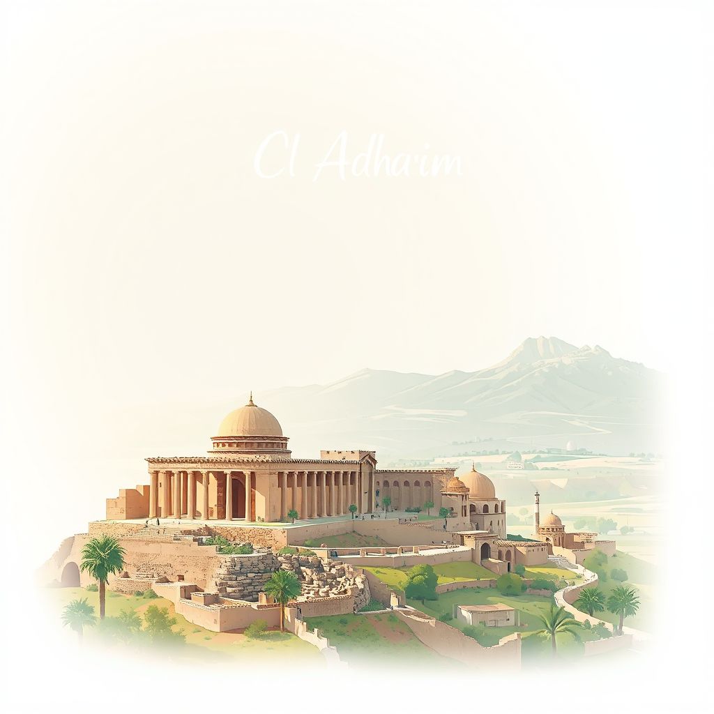 Ultra-high-definition gradient illustration style Oum El Adhaim illustration, showing the unique charm of the ruins of the ancient Roman city of Thagaste.