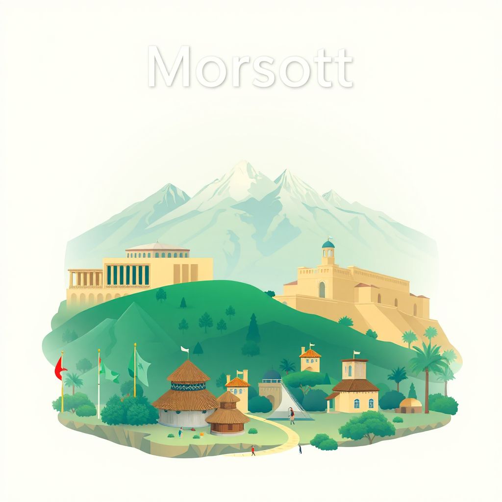 Ultra-high-definition gradient illustration style Morsott illustration, showing the unique charm of the ancient ruins of Tiddis and the Aurès Mountains.