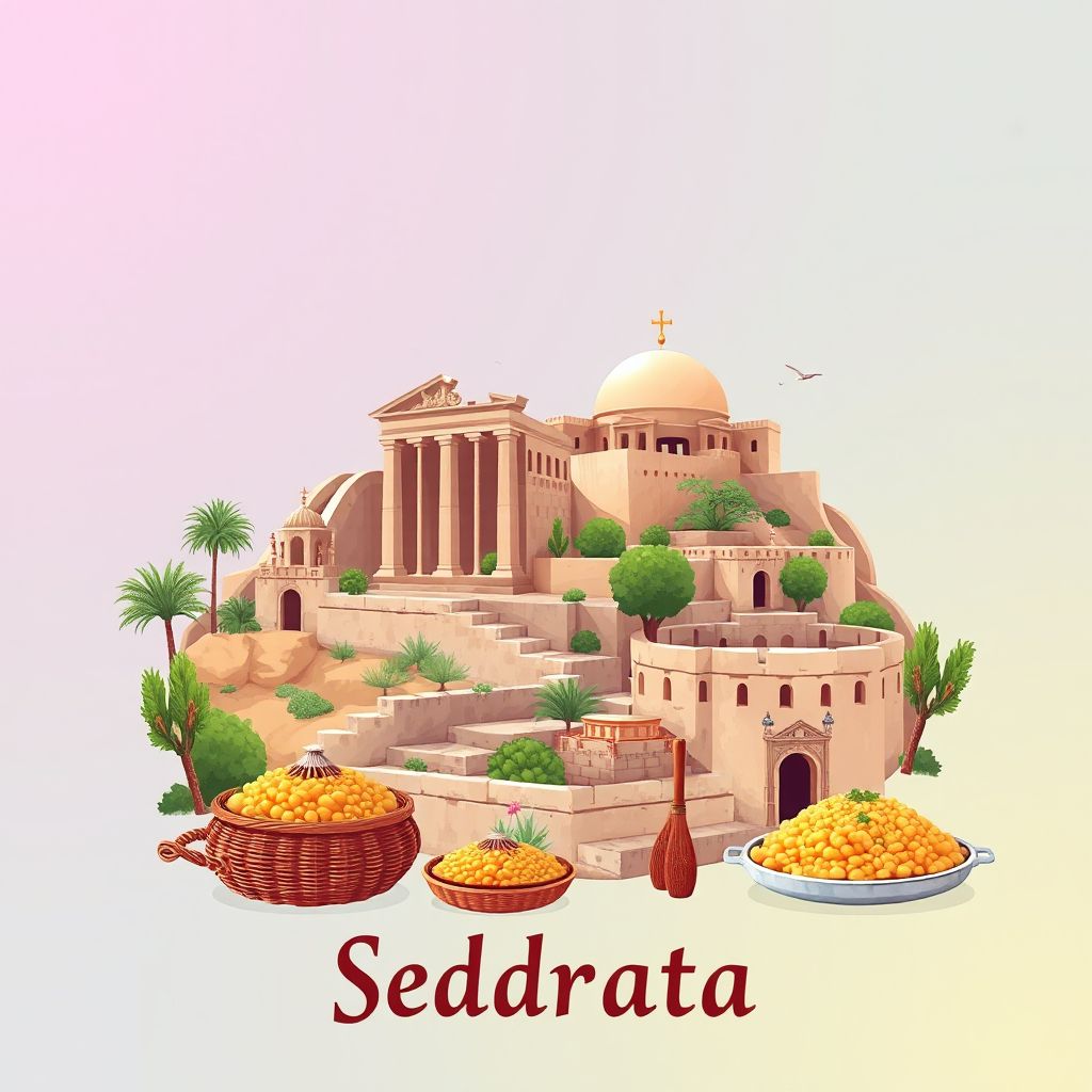 Ultra-high-definition gradient illustration style Sedrata illustration, showing the unique charm of the Roman ruins of Djemila, and traditional Algerian couscous.