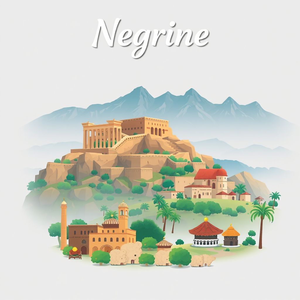 Ultra-high-definition gradient illustration style Negrine illustration, showing the unique charm of the ancient ruins of Tiddis and the Aurès Mountains.