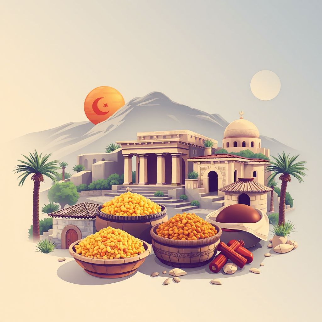 Ultra-high-definition gradient illustration style image of Taoura, featuring the Roman Ruins of Tiddis and traditional Algerian couscous.