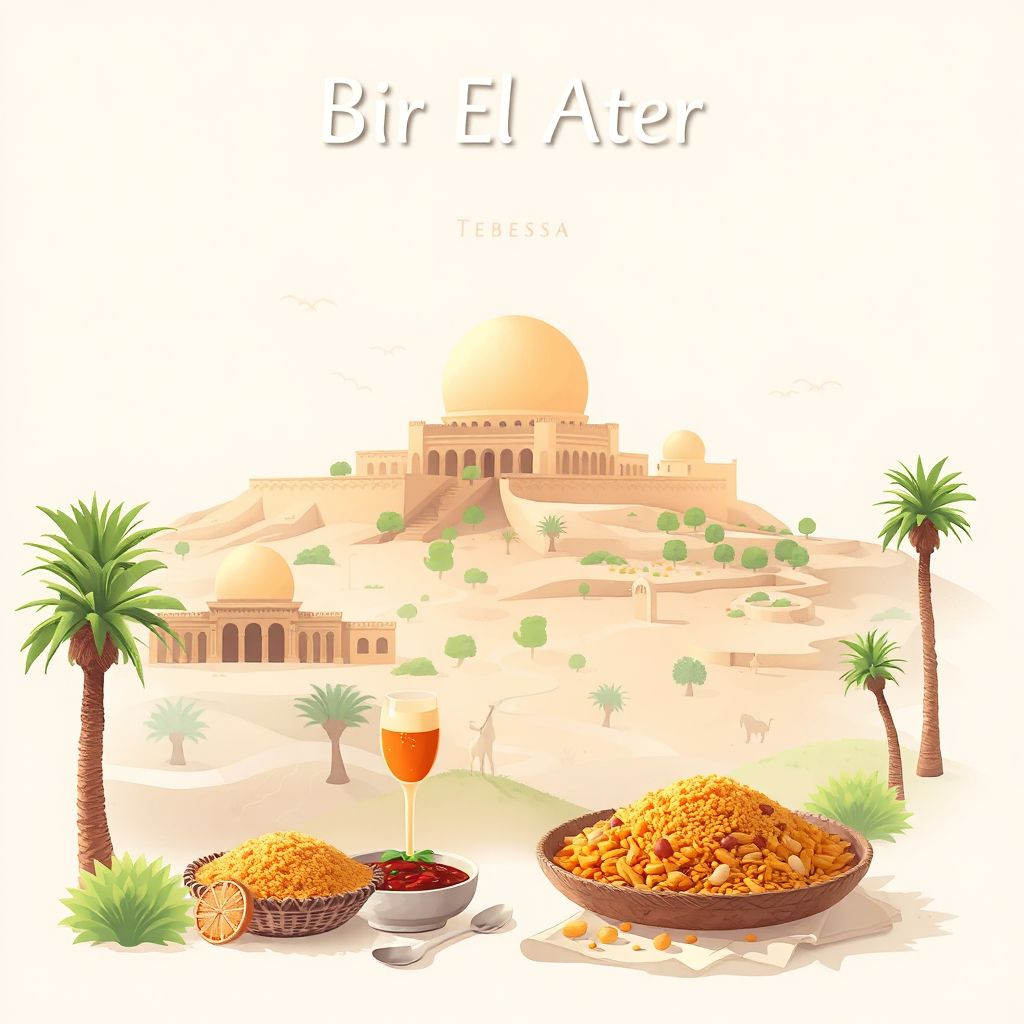 Ultra-high-definition gradient illustration style Bir El Ater illustration, showing the unique charm of the ancient ruins of Tiddis, and the local traditional cuisine, couscous.