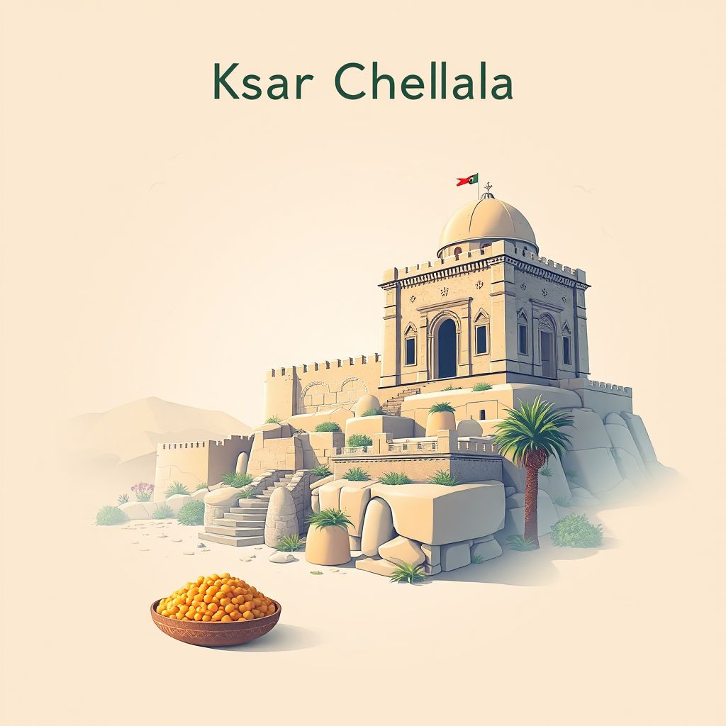 Ultra-high-definition gradient illustration style Ksar Chellala image, showing the unique charm of the ancient ruins of Ksar Chellala and couscous.