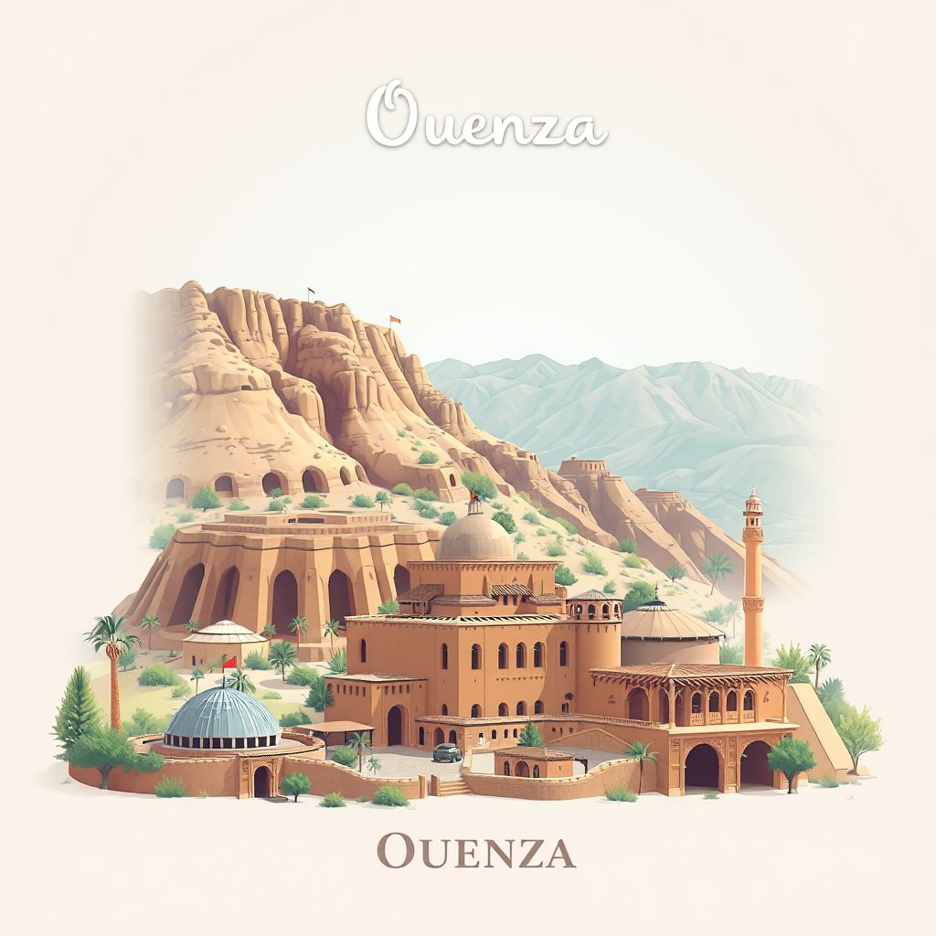 Ultra-high-definition gradient illustration style Ouenza illustration, showing the unique charm of the Ouenza Iron Mine and the beautiful landscapes of the region.