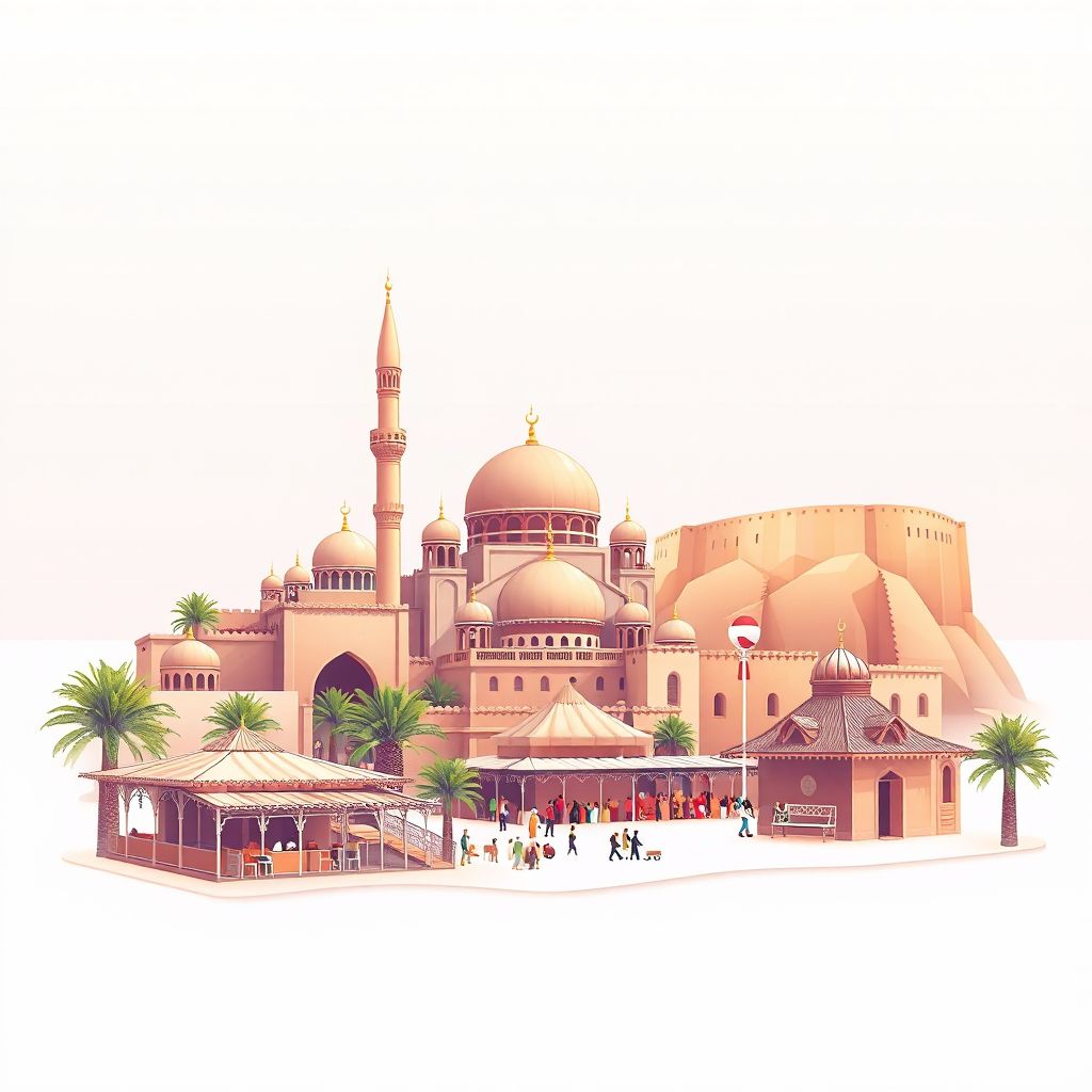 Ultra-high-definition gradient illustration style Ain Deheb illustration, showing the unique charm of the Ain Deheb Mosque, the Ain Deheb Market, and the Ain Deheb Fort.