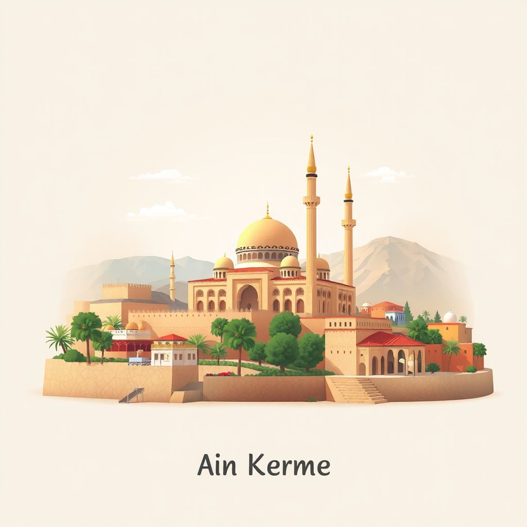 Ultra-high-definition gradient illustration style Ain Kermes illustration, showing the unique charm of the Ain Kermes Mosque and the surrounding landscapes.