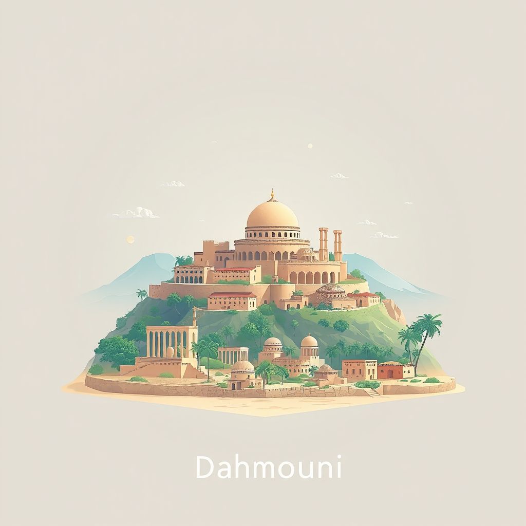 Ultra-high-definition gradient illustration style image of Dahmouni, featuring the historic ruins of Tiaret and the beautiful landscapes of the Dahmouni region.