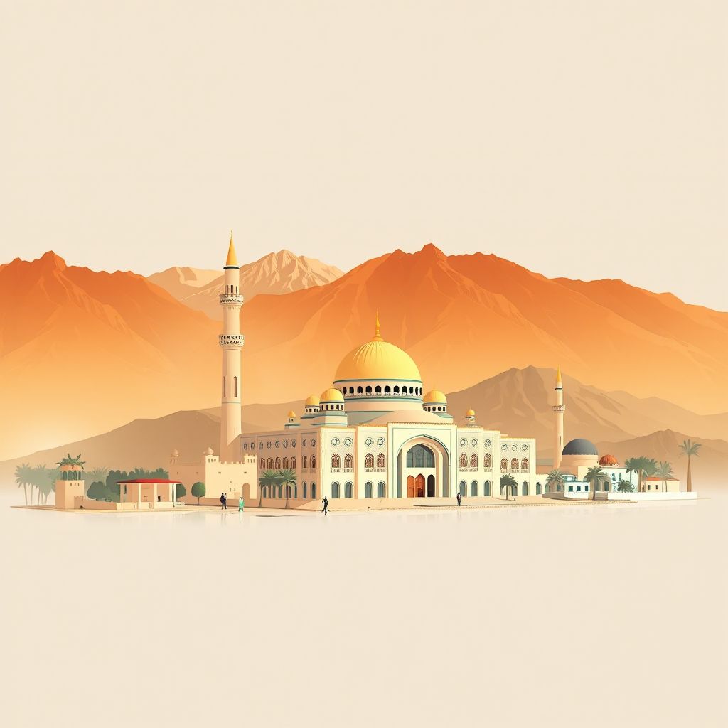 Ultra-high-definition gradient illustration style Mechraa Sfa illustration, showing the unique charm of the Mechraa Sfa Mosque and surrounding mountains.