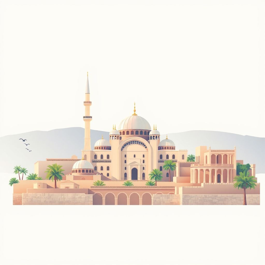 Ultra-high-definition gradient illustration style Medroussa illustration, showing the unique charm of the Great Mosque of Tiaret and the historic ruins of Tiaret.