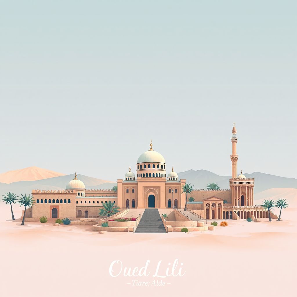Ultra-high-definition gradient illustration style Oued Lili illustration, showing the unique charm of the Great Mosque of Tiaret and the historic ruins of Tiaret.