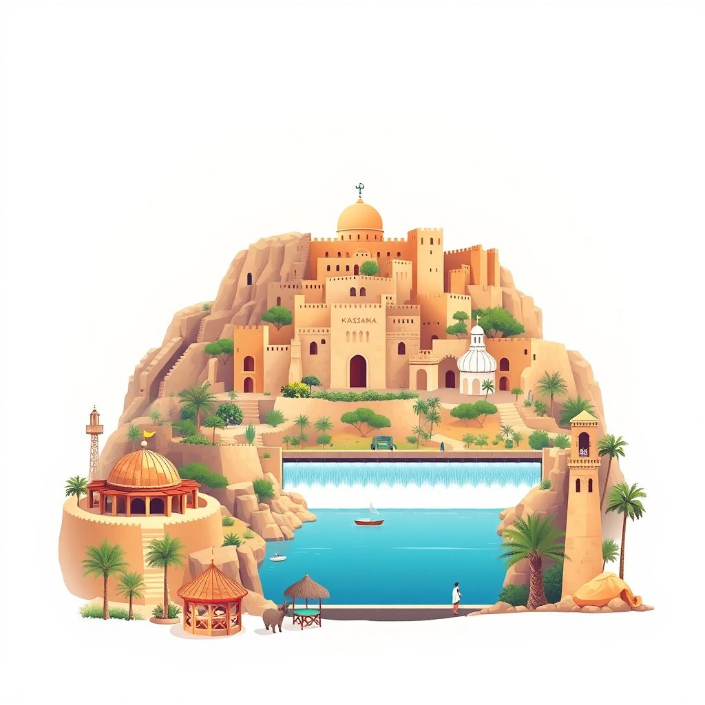 Ultra-high-definition gradient illustration style Bordj Bounaama illustration, showing the unique charm of the historic Kasbah and the scenic Tissemsilt Dam.