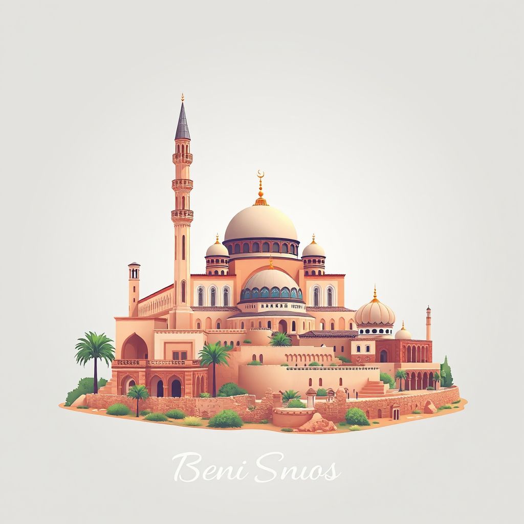Ultra-high-definition gradient illustration style Beni Snous illustration, showing the unique charm of the Great Mosque of Tlemcen, the Mechouar Palace, and the ruins of Mansourah.