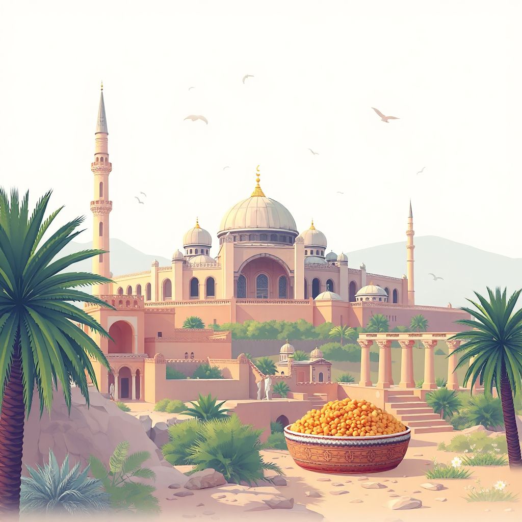 Ultra-high-definition gradient illustration style Sougueur illustration, showing the unique charm of the Sougueur Mosque, the historic ruins of Tiaret, and couscous.