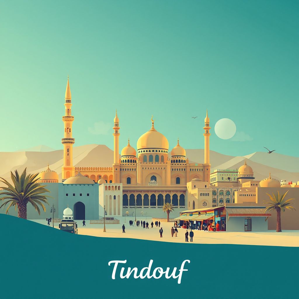 Ultra-high-definition gradient illustration style Tindouf illustration, showing the unique charm of the Tindouf Mosque, the Tindouf Market, and the Tindouf Oasis.
