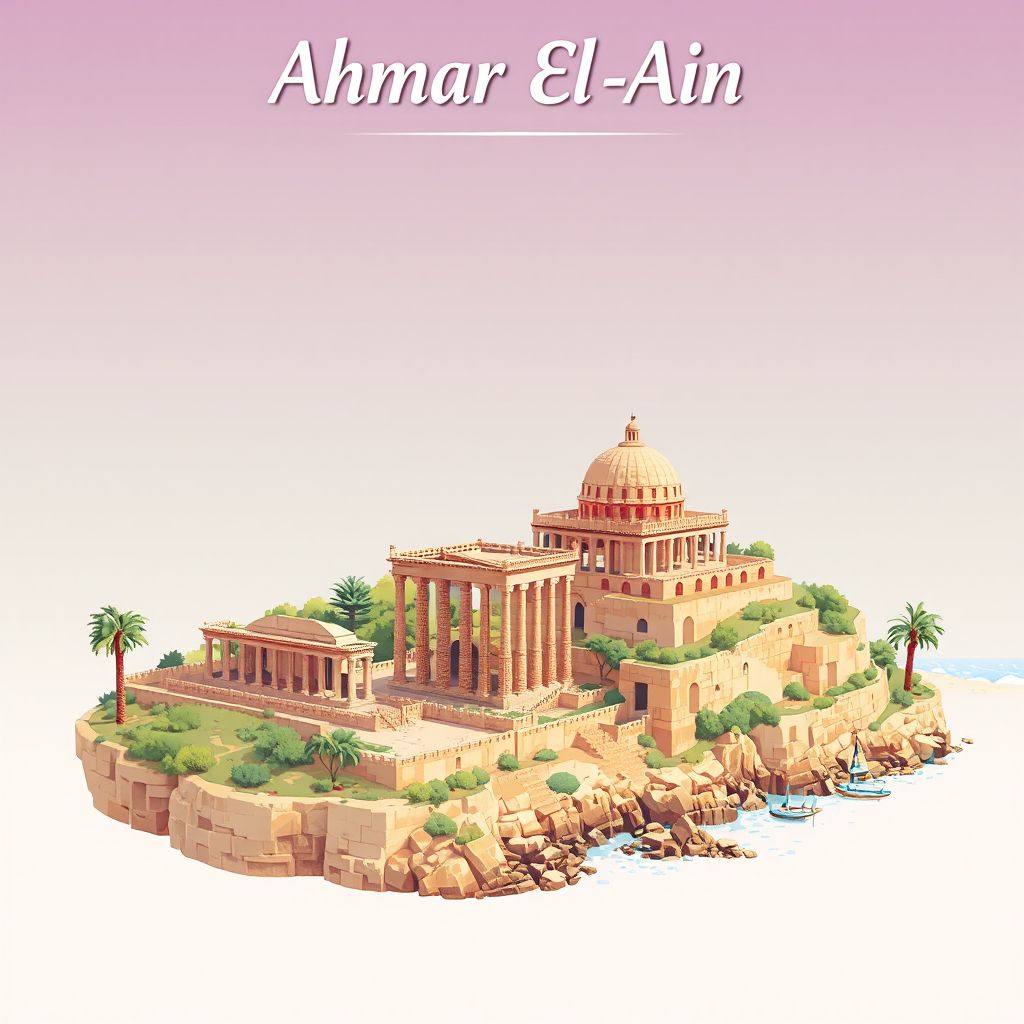 Ultra-high-definition gradient illustration style Ahmar El Ain illustration, showing the unique charm of the Ruins of Tipaza, the Roman Mausoleum, and the Mediterranean coastline.