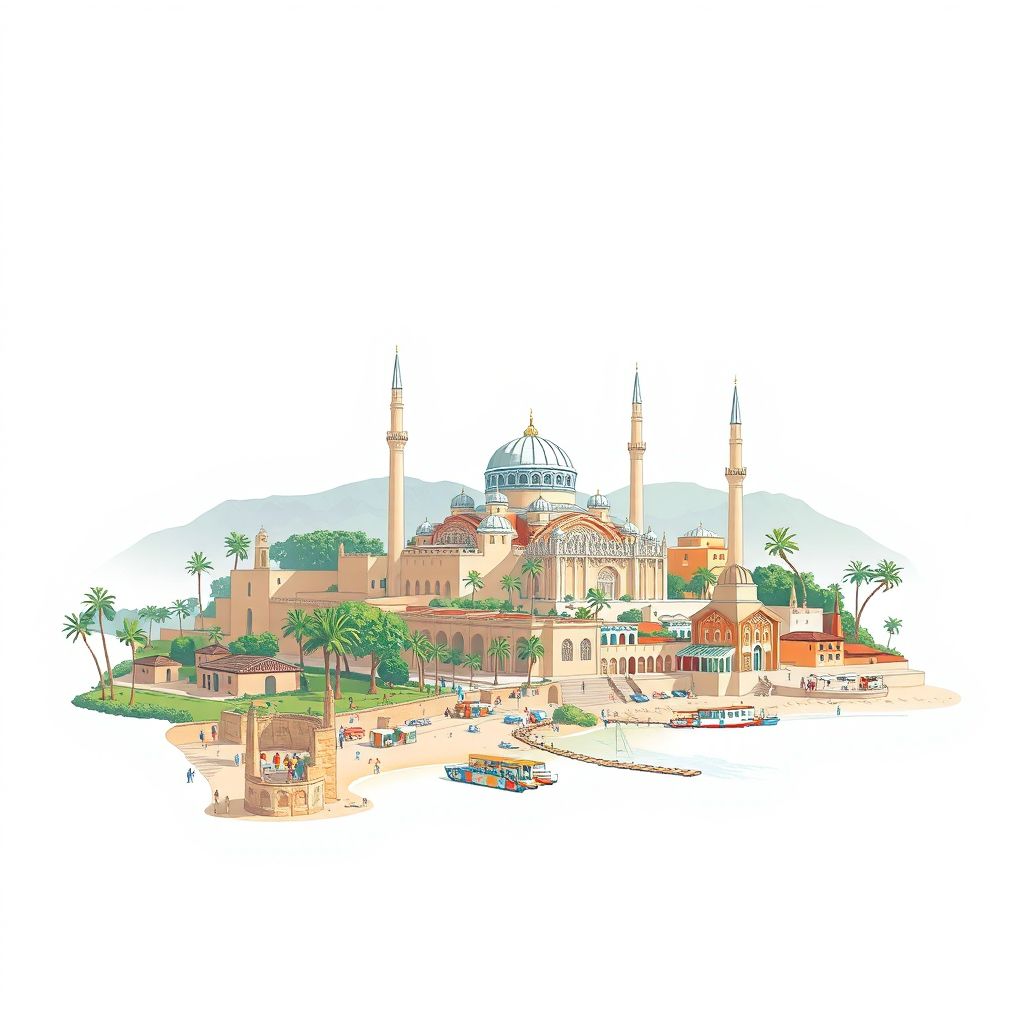 Ultra-high-definition gradient illustration style Fouka illustration, showing the unique charm of the Sidi Ghiles Mosque, the beautiful beaches, and the historic ruins of Tipaza.