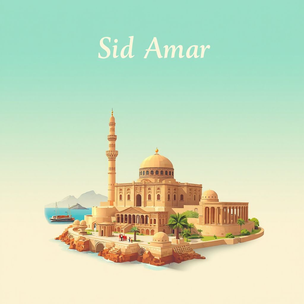 Ultra-high-definition gradient illustration style Sidi Amar illustration, showing the unique charm of the Royal Mausoleum of Mauretania, the ancient ruins of Tipaza.