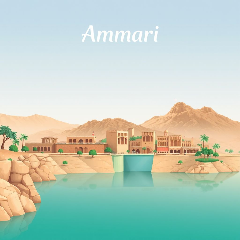 Ultra-high-definition gradient illustration style Ammari illustration, showing the unique charm of the Tissemsilt Dam, and the historic ruins of Tassamert.