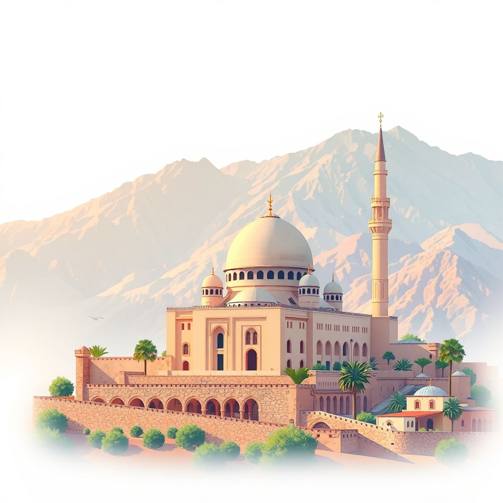 Ultra-high-definition gradient illustration style Boghni illustration, showing the unique charm of the Great Mosque of Tizi Ouzou and the surrounding mountains.
