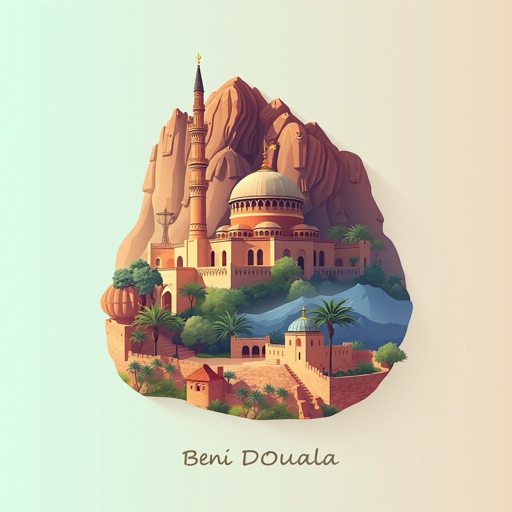 Ultra-high-definition gradient illustration style Beni Douala illustration, showing the unique charm of the Tizi Ouzou Mosque and Djurdjura National Park.