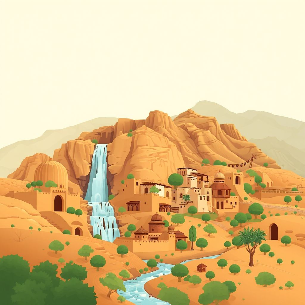 Ultra-high-definition gradient illustration style Draa Ben Khedda illustration, showing the unique charm of the Tassaft Ouguemounne Waterfall, traditional Berber villages.