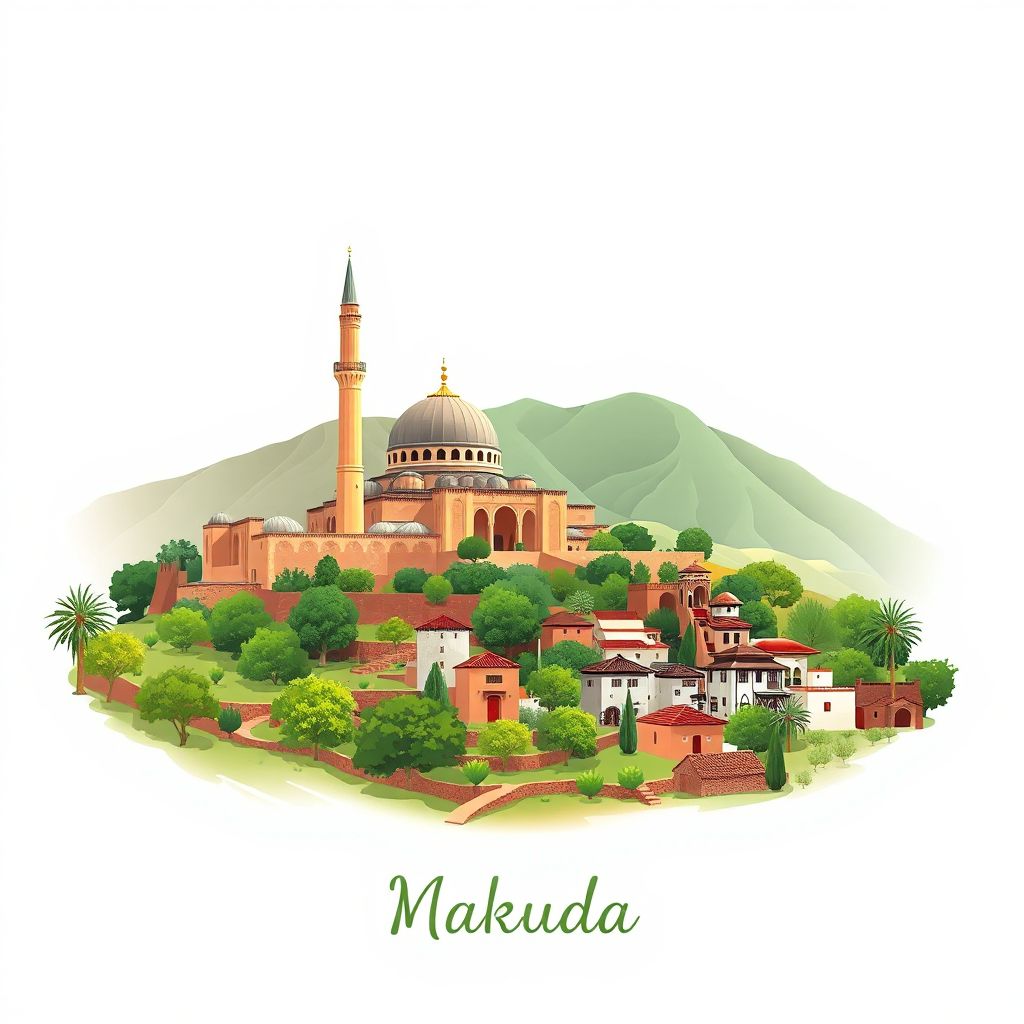 Ultra-high-definition gradient illustration style Makouda illustration, showing the unique charm of the Makouda Mosque, lush green landscapes, and traditional Berber houses.
