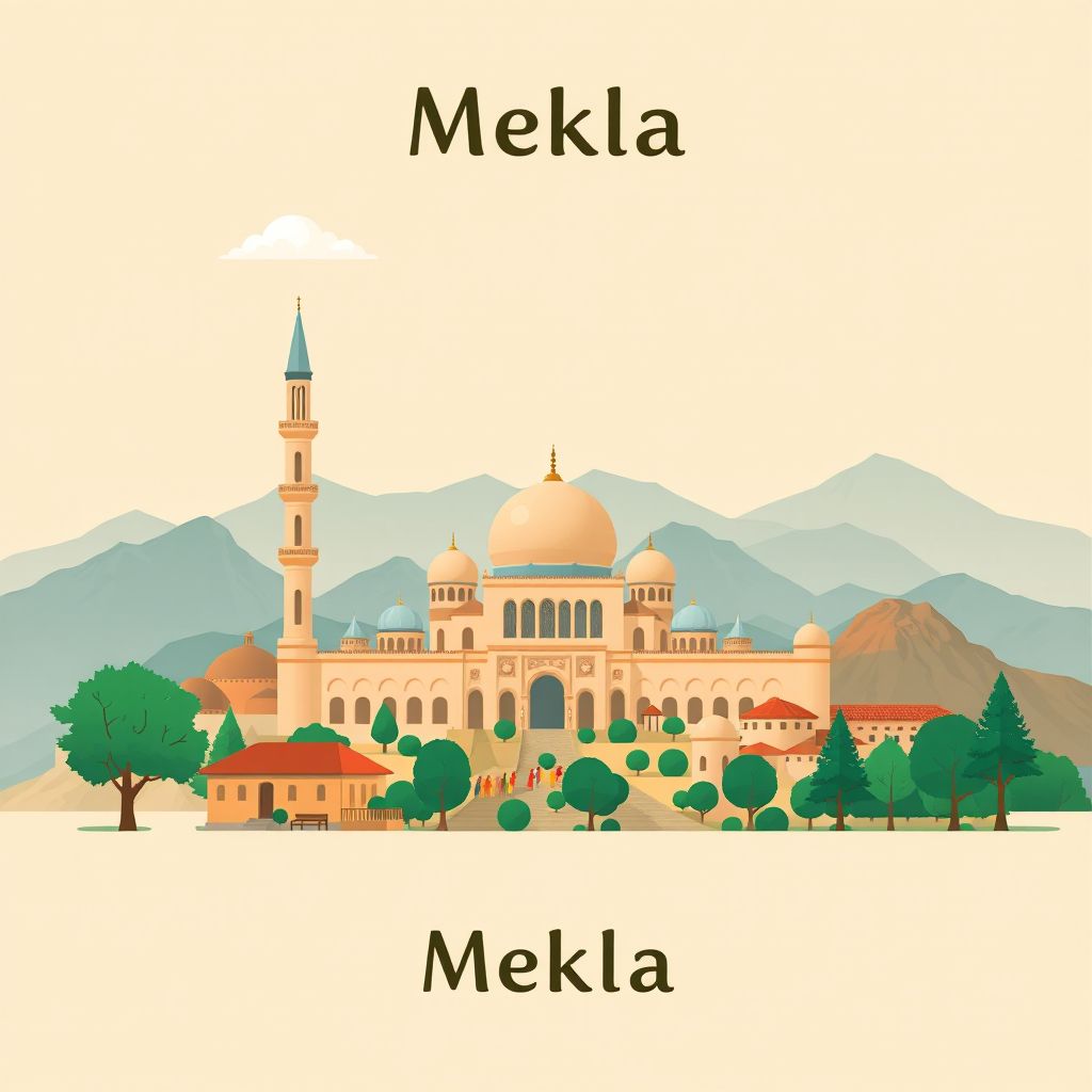Ultra-high-definition gradient illustration style Mekla illustration, showing the unique charm of the Great Mosque of Tizi Ouzou, Djurdjura National Park, and couscous.