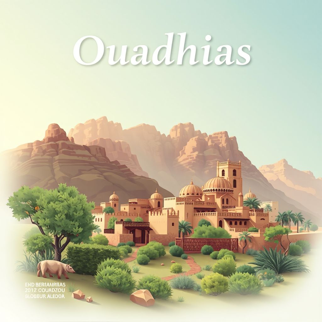 Ultra-high-definition gradient illustration style Ouadhias illustration, showing the unique charm of the Djurdjura National Park and traditional Berber cuisine.