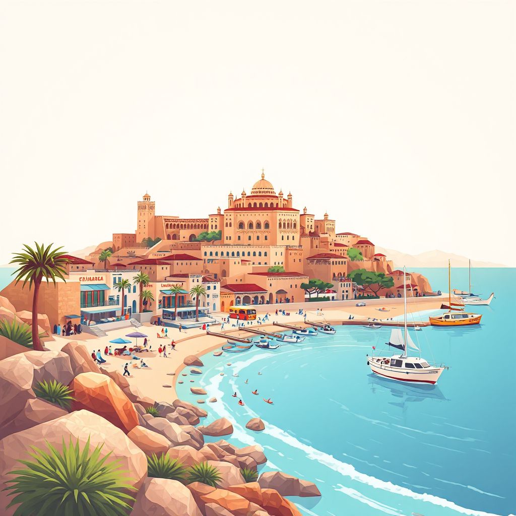 Ultra-high-definition gradient illustration style Tigzirt illustration, showing the unique charm of the Tigzirt Beach, the historic Kasbah of Tigzirt.