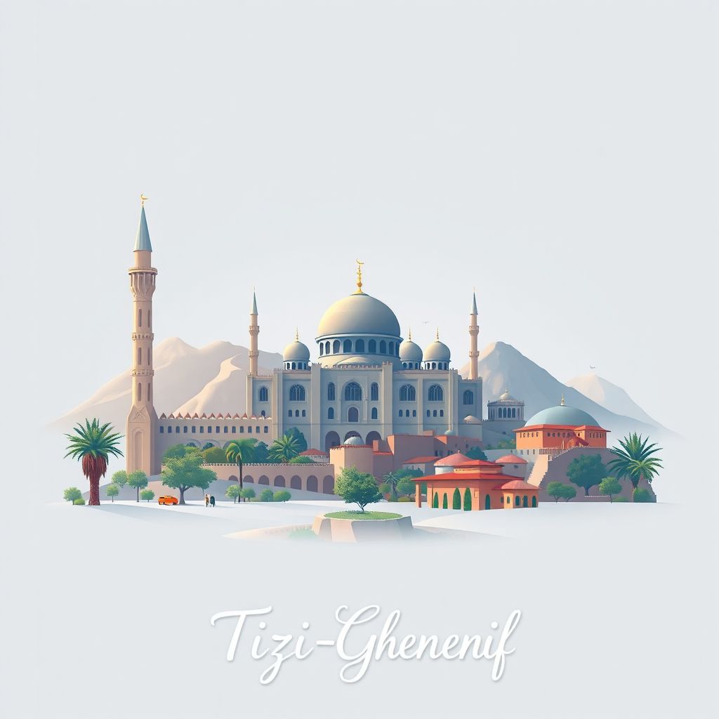Ultra-high-definition gradient illustration style Tizi-Ghenif illustration, showing the unique charm of the Great Mosque of Tizi Ouzou and the Djurdjura National Park.