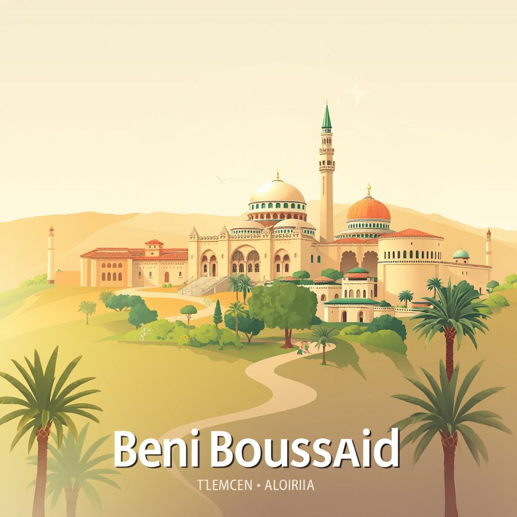 Ultra-high-definition gradient illustration style Beni Boussaid illustration, showing the unique charm of the Great Mosque of Tlemcen and the Mechouar Palace.