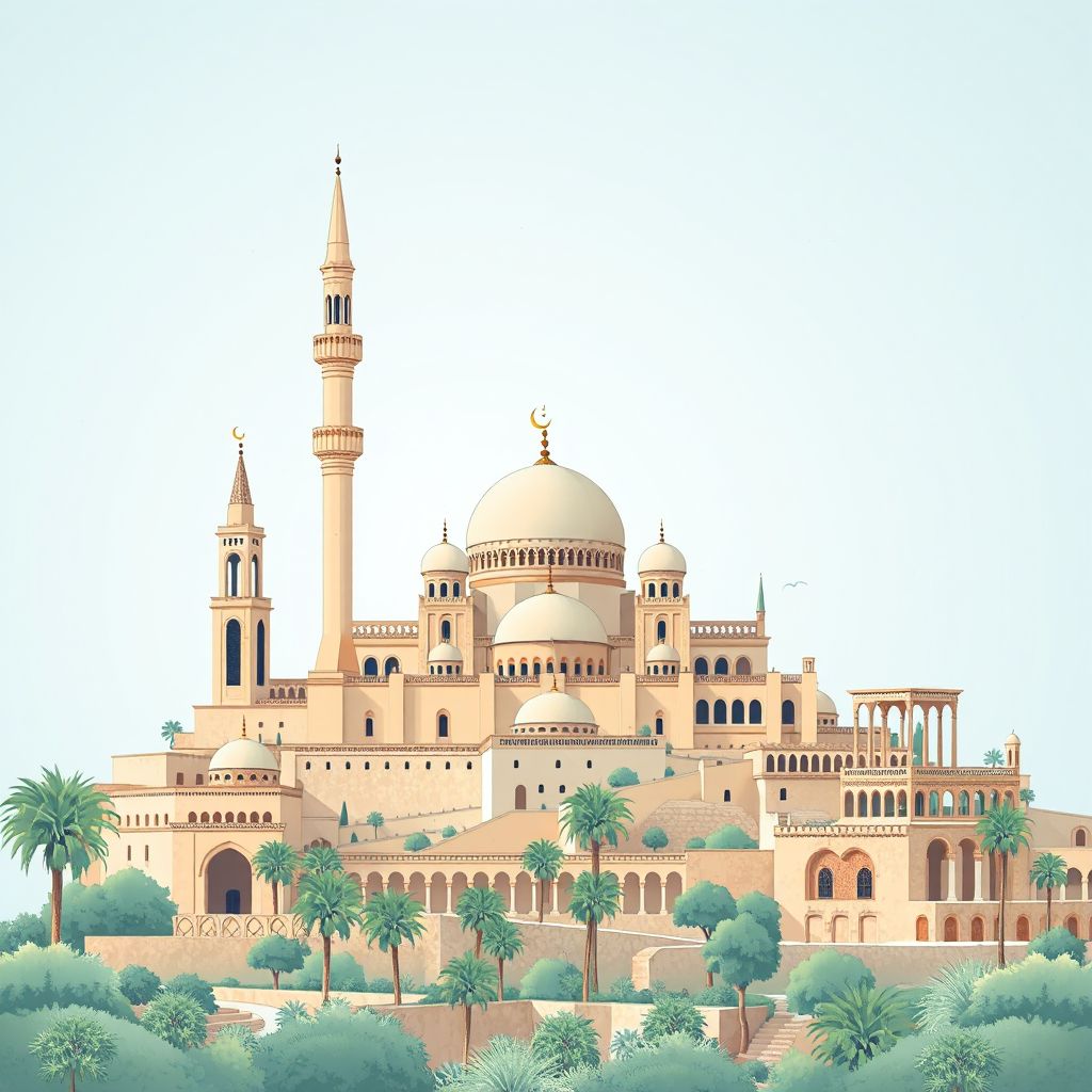 Ultra-high-definition gradient illustration style Bab El Assa illustration, showing the unique charm of the Great Mosque of Tlemcen, the Mechouar Palace, and the ruins of Mansourah.