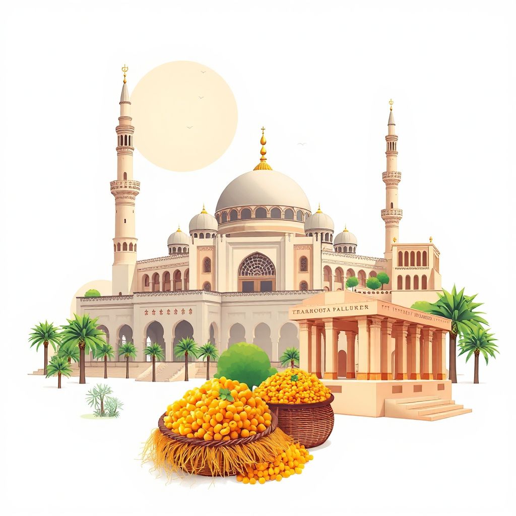 Ultra-high-definition gradient illustration style Bensekrane illustration, showing the unique charm of the Great Mosque of Tlemcen, the Mansourah Ruins.