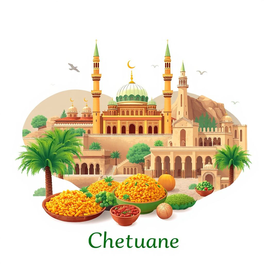 Ultra-high-definition gradient illustration style Chetouane illustration, showing the unique charm of the Great Mosque of Tlemcen, the Mansourah Ruins.