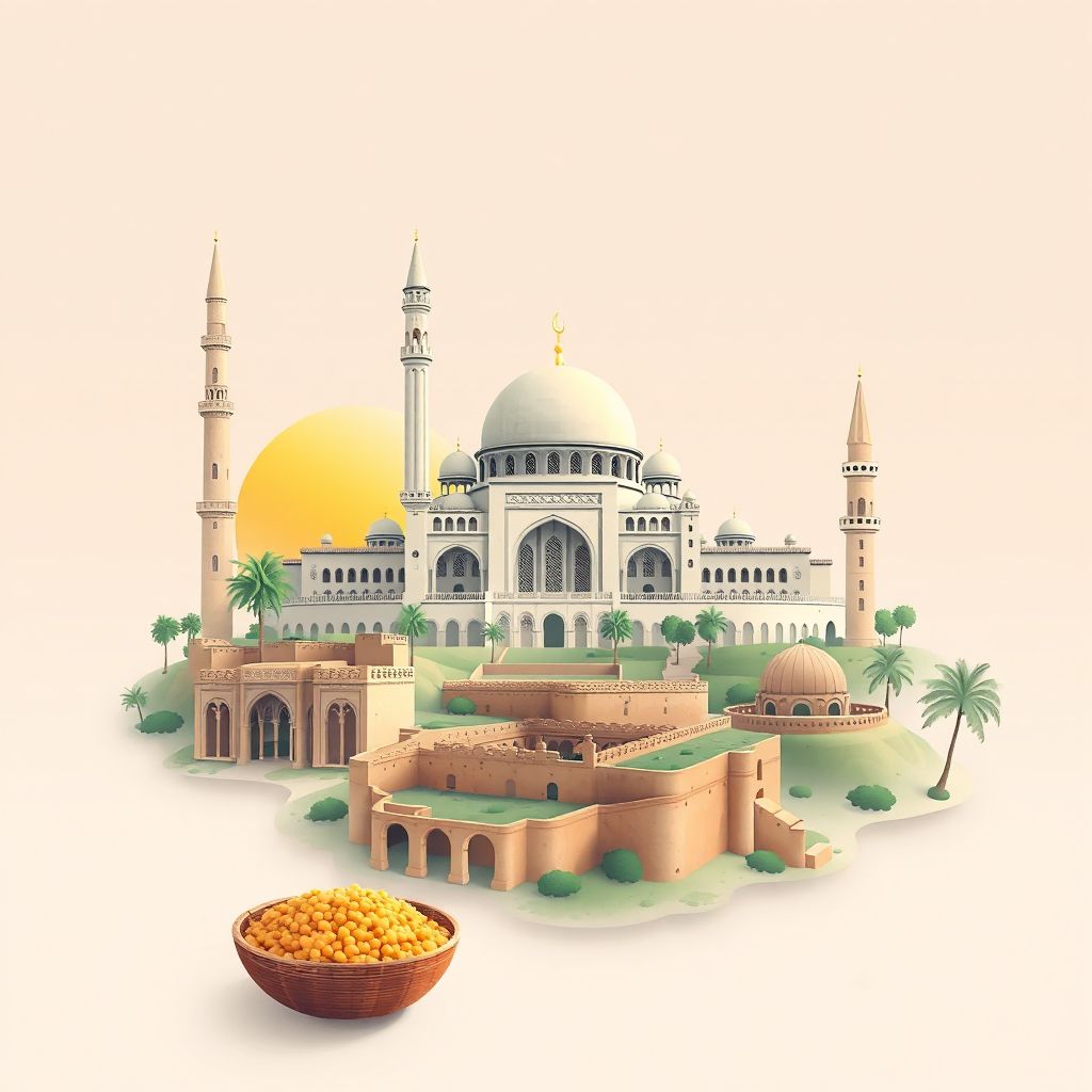 Ultra-high-definition gradient illustration style Honnaine illustration, showing the unique charm of the Great Mosque of Tlemcen, the Ruins of Mansourah, and traditional Algerian couscous.