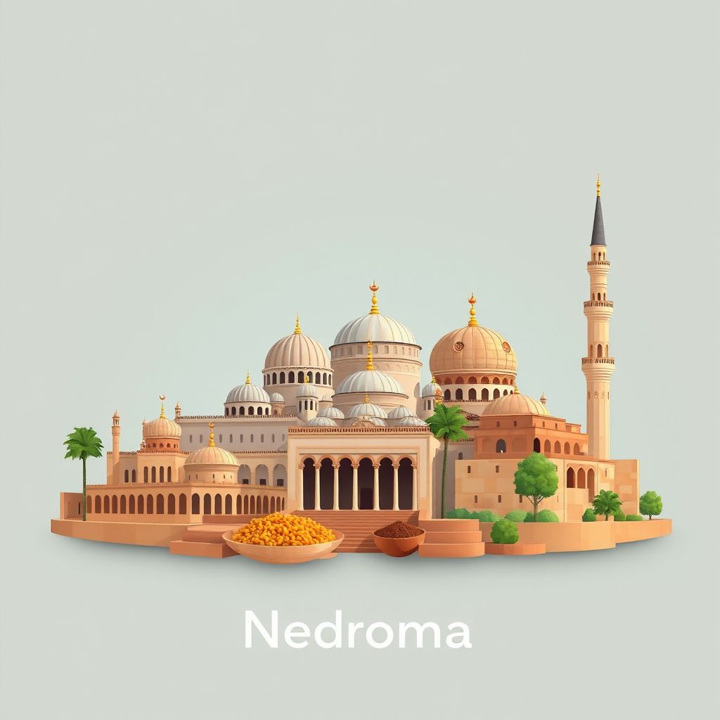 Ultra-high-definition gradient illustration style Nedroma illustration, showing the unique charm of the Great Mosque of Tlemcen, the ruins of Mansourah, and couscous.