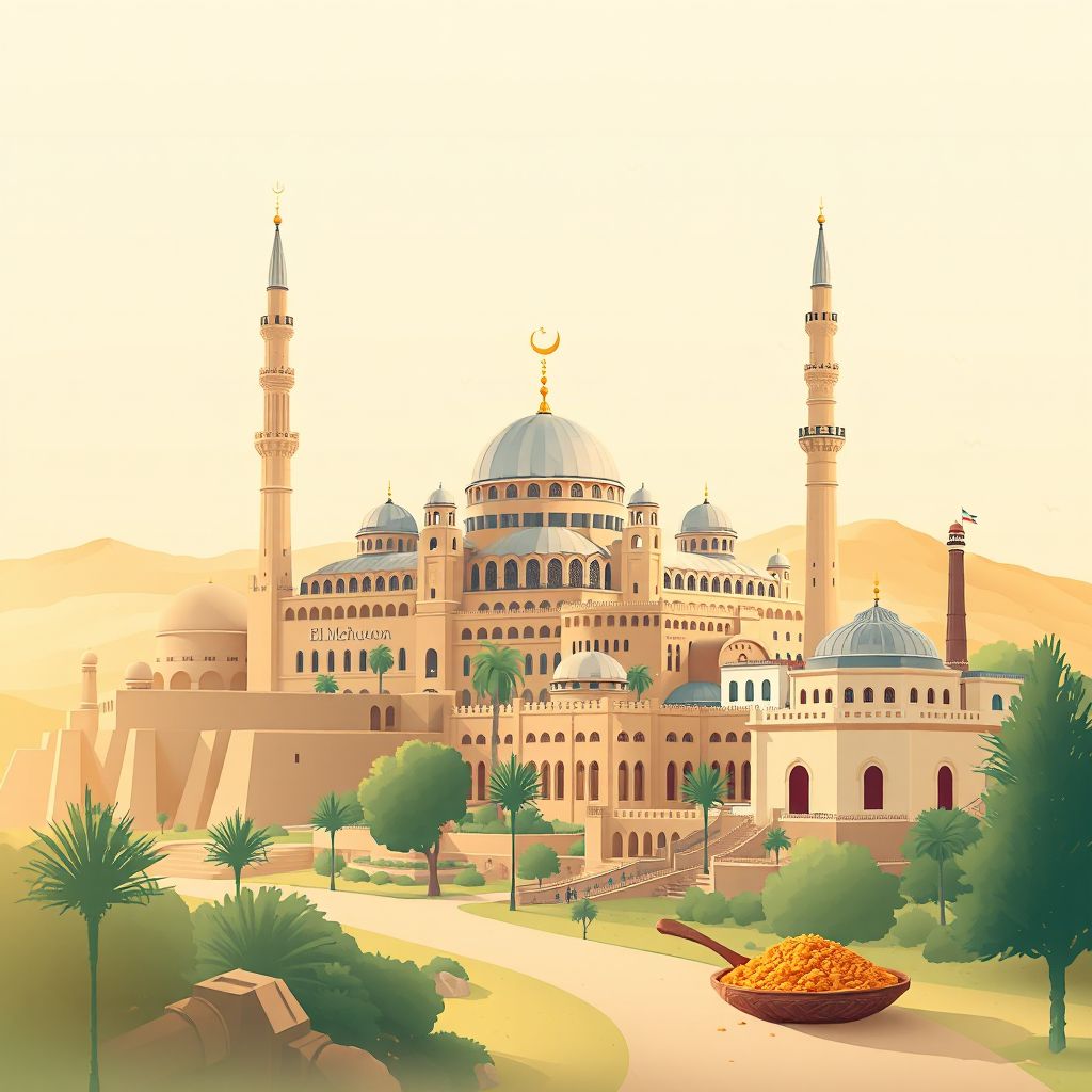 Ultra-high-definition gradient illustration style Ouled Mimoun illustration, showing the unique charm of the Great Mosque of Tlemcen, the El Mechouar Palace.