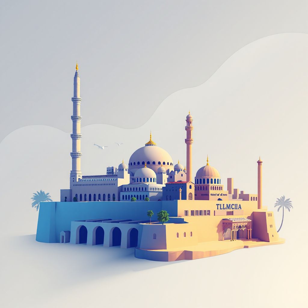 Ultra-high-definition gradient illustration style Remchi illustration, showing the unique charm of the Great Mosque of Tlemcen, the Mansourah Ruins.