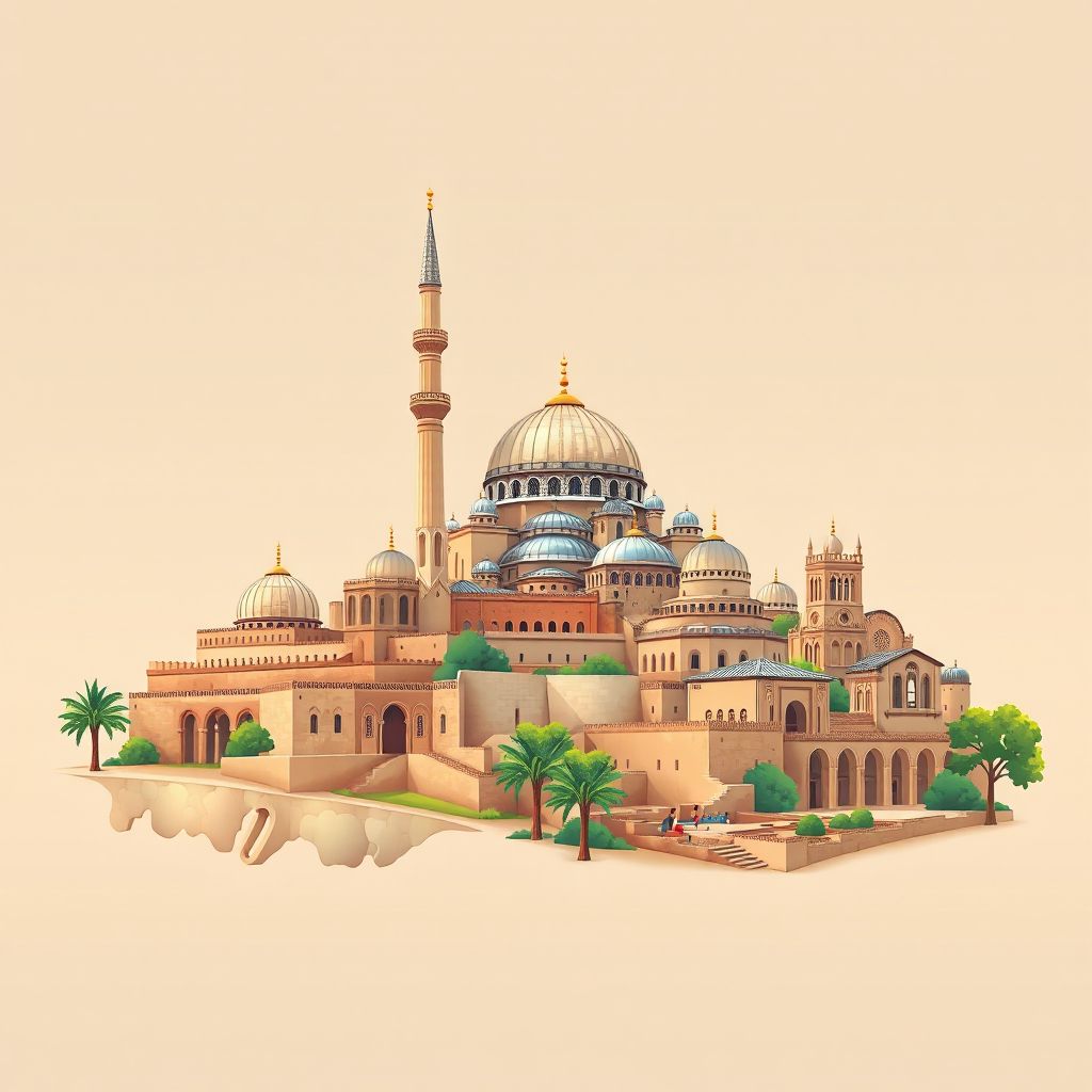 Ultra-high-definition gradient illustration style Sabra illustration, showing the unique charm of the Great Mosque of Tlemcen, the El Mechouar Palace, and the ruins of Mansourah.