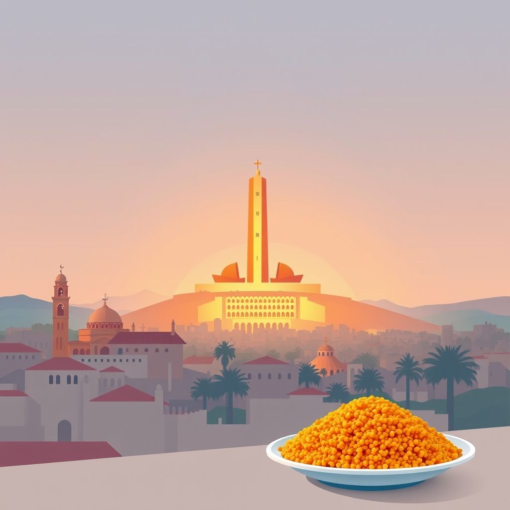 Ultra-high-definition gradient illustration of Bordj El Bahri, featuring Notre-Dame d'Afrique, Martyrs' Memorial, and couscous.