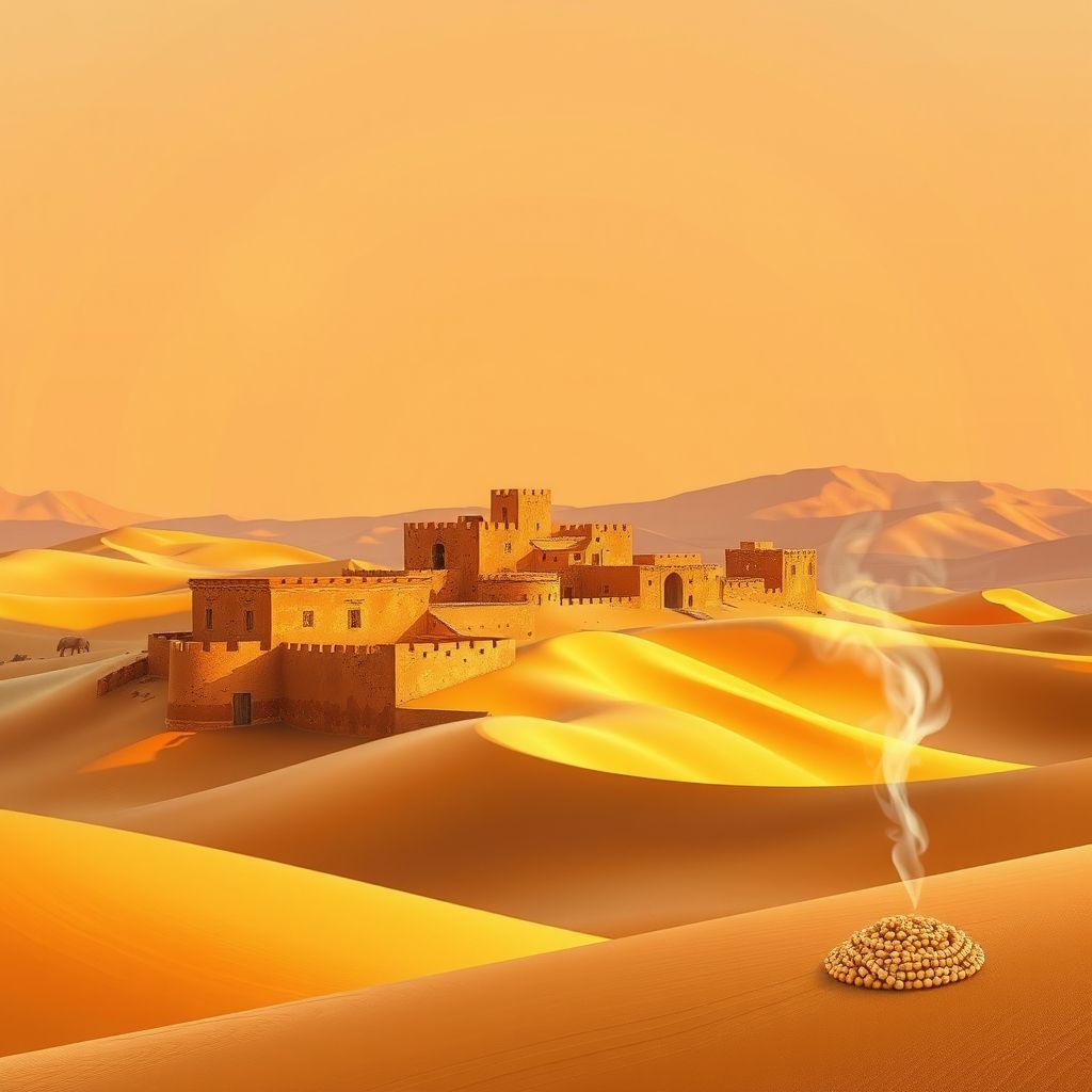 Ultra-high-definition gradient illustration of Metarfa, Adrar, Algeria, featuring ancient ksars, Sahara Desert sand dunes, Tuareg jewelry, and couscous.