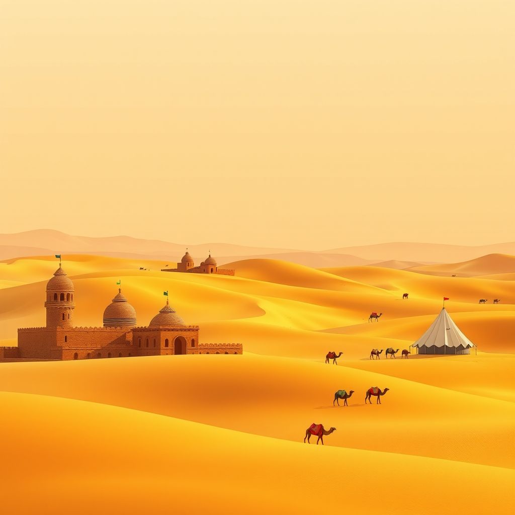 Ultra-high-definition gradient illustration of Sali, Reggane, Adrar, Algeria, featuring ancient ksour, Sahara Desert sand dunes, Tuareg tents, camels, and traditional couscous.